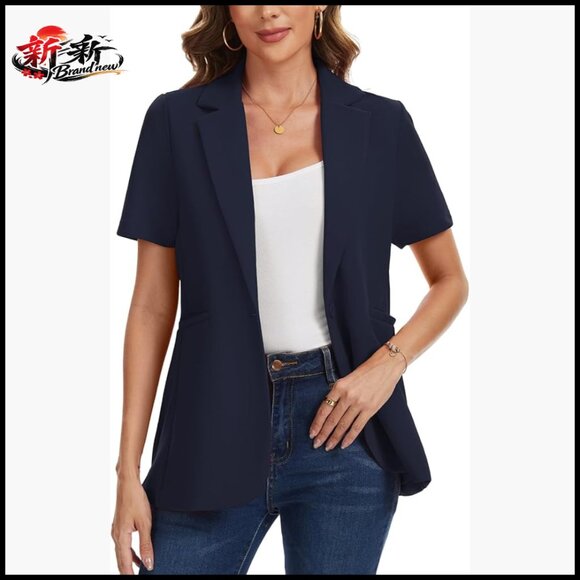 Short Sleeve Blazer Notch Lapel Button Front Jacket Polyester Spandex Blend
